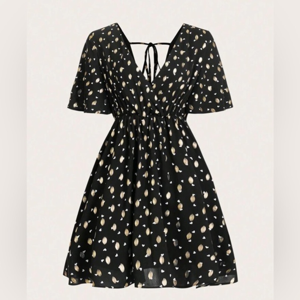 Cupshe Gold Dot Print Butterfly Flounce Sleeve Flared Hem Dress size M RefCPS029